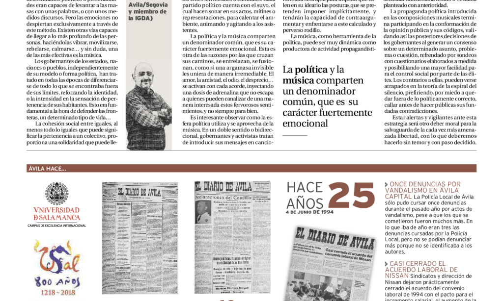 Artículo: “Política y música”, por David Herrero Muñoz, colegiado y representante en la provincia de Ávila y Segovia, publicado en el Diario de Ávila el día 4 de junio de 2019