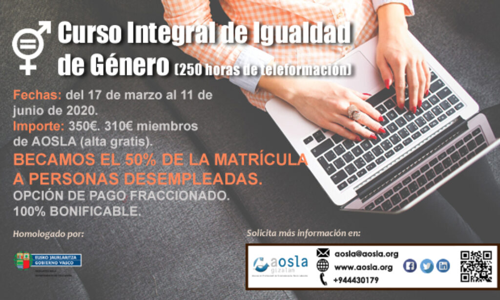 Nuevo curso de AOSLA- Gizalan con descuento del 9% para colegiados/as: Curso Integral de Igualdad de Género. (Edición 8). (Plazo: 24 de marzo de 2020)