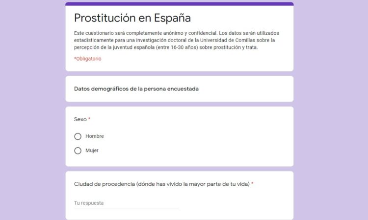 Colaboración con investigación doctoral sobre la percepción de la juventud española (entre 16-30 años) de la prostitución y trata