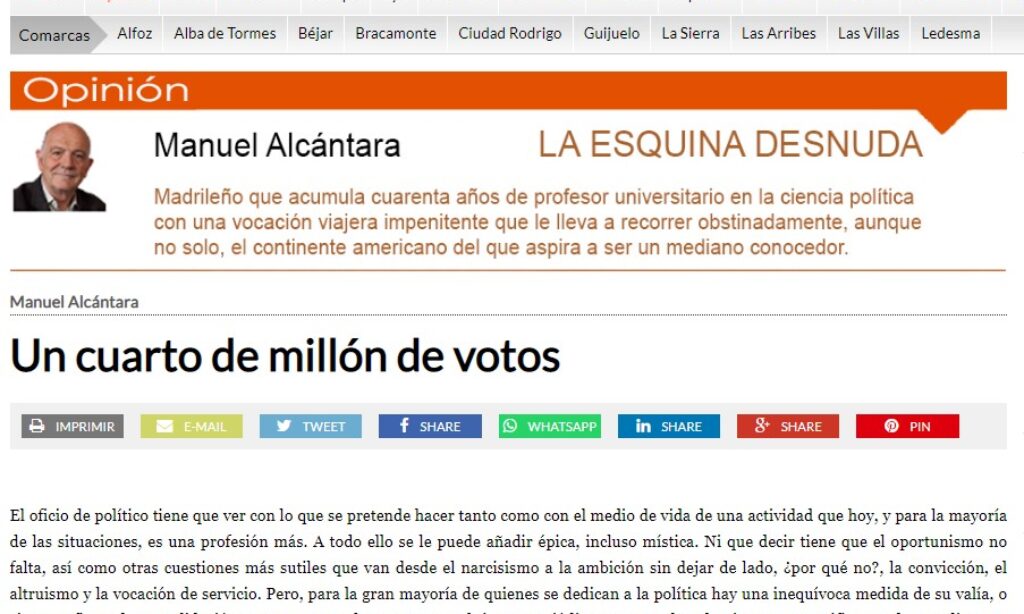 Artículo: “Un cuarto de millón de votos”, por nuestro colegiado Manuel Alcántara, publicado en la Esquina Desnuda el día 12 de mayo de 2021