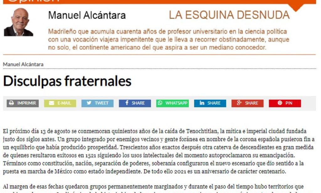 Artículo: “Disculpas fraternales”, por nuestro colegiado Manuel Alcántara, publicado en la Esquina Desnuda el día 28 de julio de 2021