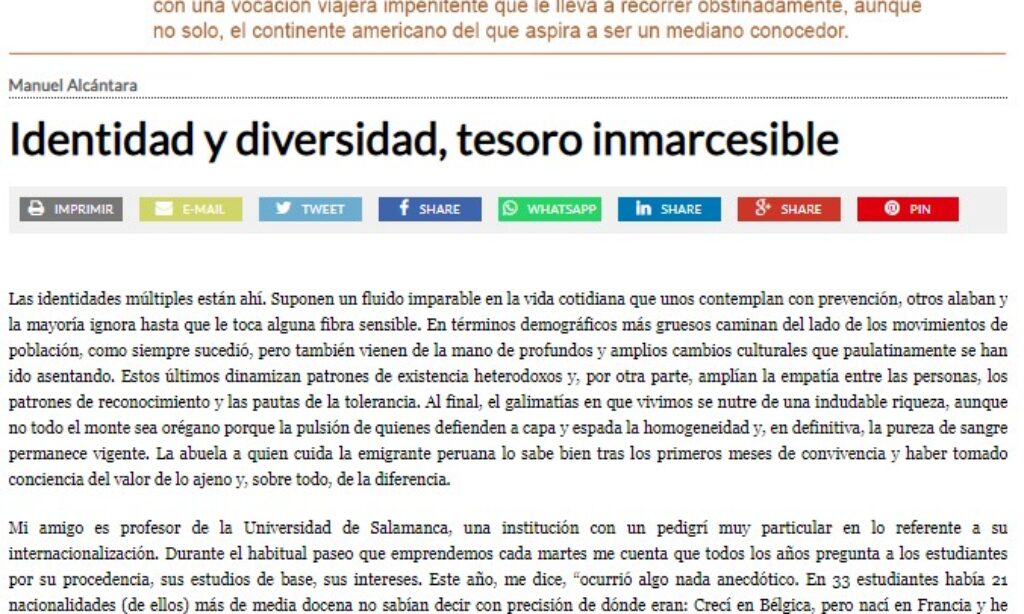 Artículo: “Identidad y diversidad, tesoro inmarcesible”, por nuestro colegiado Manuel Alcántara, publicado en la Esquina Desnuda el día 13 de octubre de 2021