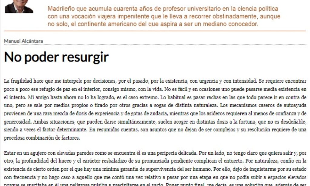Artículo: “No poder resurgir”, por nuestro colegiado Manuel Alcántara, publicado en la Esquina Desnuda el día 15 de diciembre de 2021