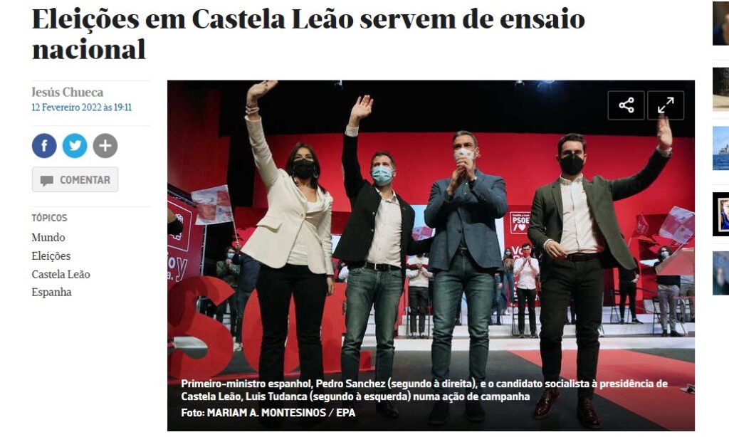 Artículo «Eleições em Castela Leão servem de ensaio nacional», por Jesús Chueca, con la colaboración de Pedro Villanueva, publicado en Jornal de Notícias, 13 de fevereiro de 2022