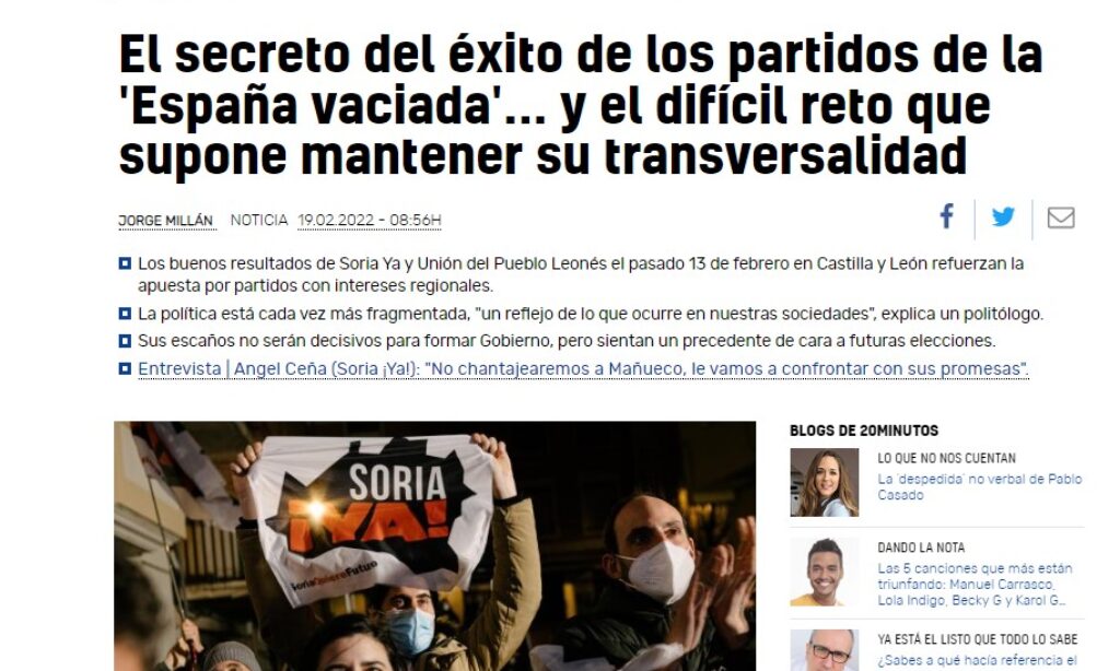 Artículo: “El secreto del éxito de los partidos de la ‘España vaciada’… y el difícil reto que supone mantener su transversalidad”, por Jorge Millán, con la colaboración de Pedro Villanueva, publicado en 20Minutos el día 19 de febrero de 2022