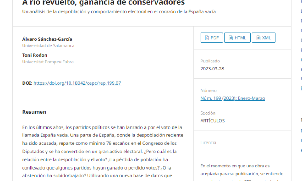 «A río revuelto, ganancia de conservadores. Un análisis de la despoblación y comportamiento electoral en el corazón de la España vacía». Un artículo de nuestro colegiado Álvaro Sánchez García y Toni Rodon, publicado en la Revista de Estudios Políticos número 199.