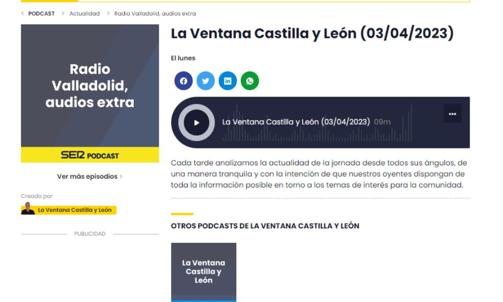 Colaboración de nuestro compañero, Pedro Villanueva, en «La Ventana Castilla y León», en SER Valladolid, el 3 de abril de 2023