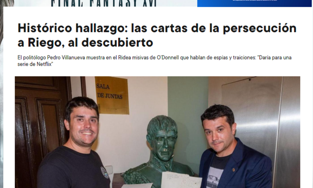 Artículo: “Histórico hallazgo: las cartas de la persecución a Riego, al descubierto”, por Ramón Díaz, publicado en El Periódico de España el día 28 de junio de 2023