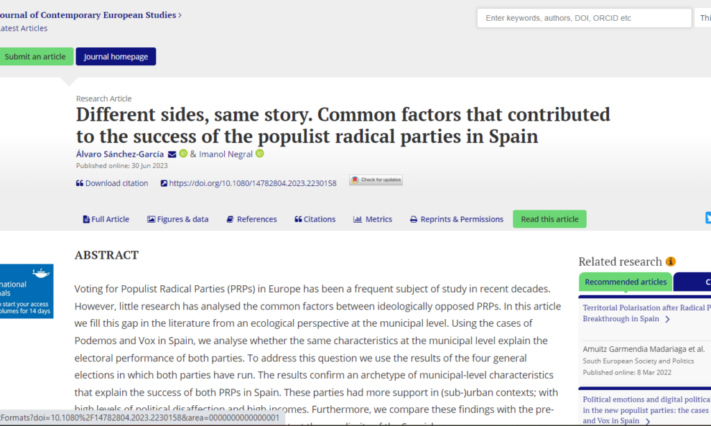 «Different sides, same story. Common factors that contributed to the success of the populist radical parties in Spain». Un artículo de nuestro colegiado Álvaro Sánchez García y de Imanol Negral, publicado en Journal of Contemporary European Studies