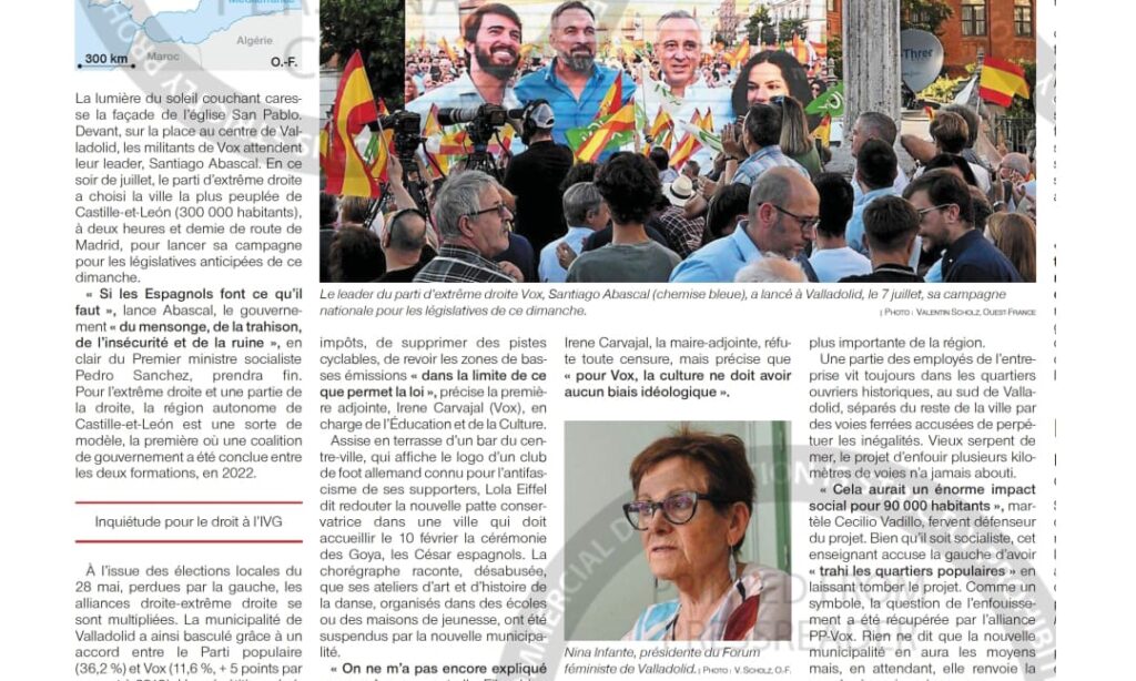 Artículo: “Legislativo en España: Valladolid, laboratorio de la alianza de derechas”. Por Valentin Scholz, con la colaboración de Pedro Villanueva, publicado en el periódico Ouest France, el día 23 de julio de 2023