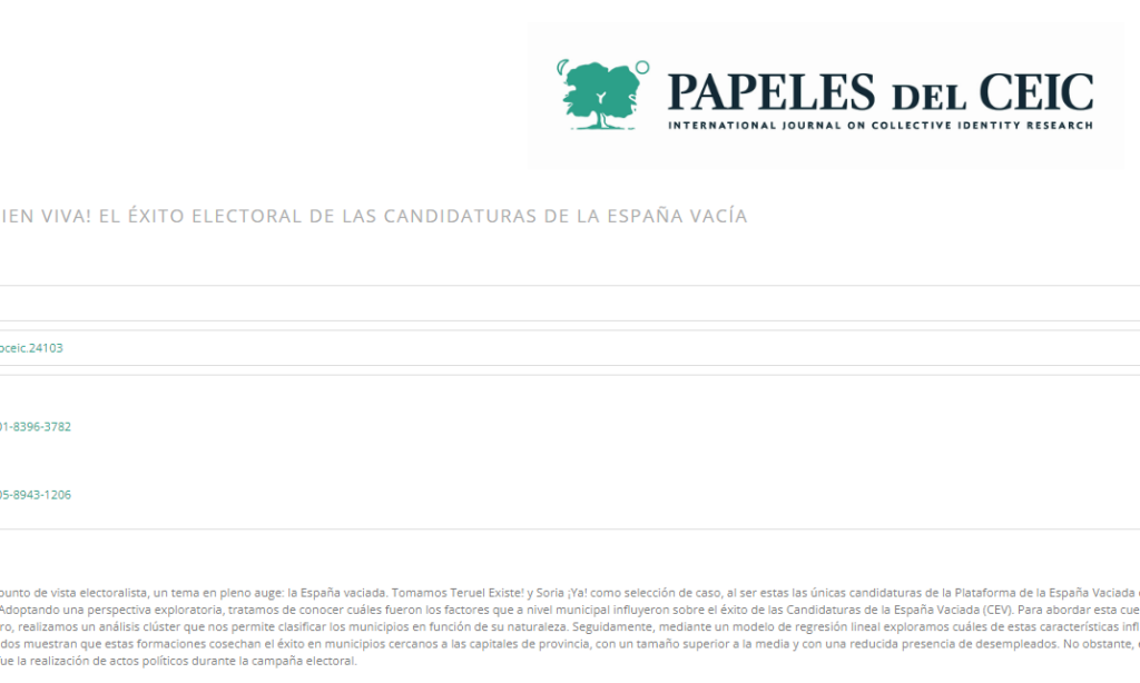 «¡Aquí no hay quien viva! El éxito electoral de las candidaturas de la España vacía». Un artículo de nuestro colegiado Álvaro Sánchez García y María Delgado García, publicado en la Revista Papeles del CEIC.