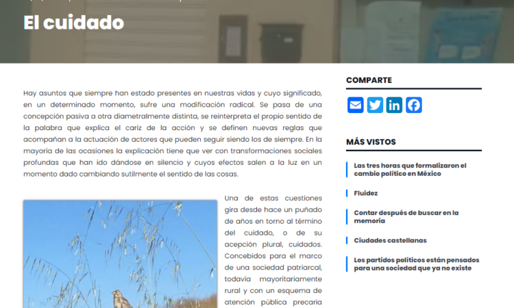 Artículo: “El cuidado”, por nuestro colegiado Manuel Alcántara, publicado en la Esquina Revestida el día 7 de junio de 2024