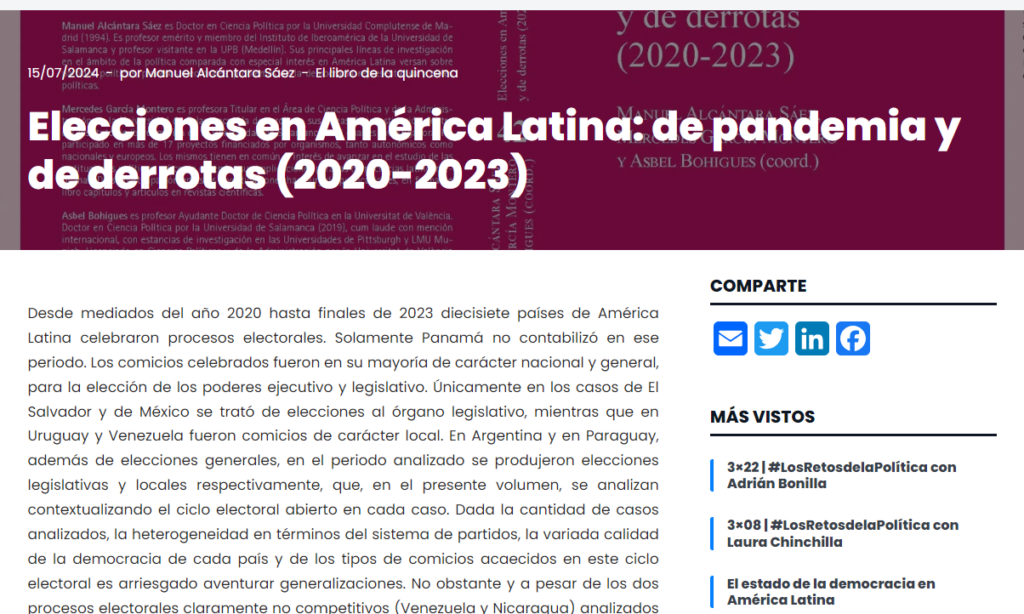 El libro de la quincena. Elecciones en América Latina: de pandemia y de derrotas (2020-2023) – por Manuel Alcántara Sáez (Fecha: 15 de julio de 2024)