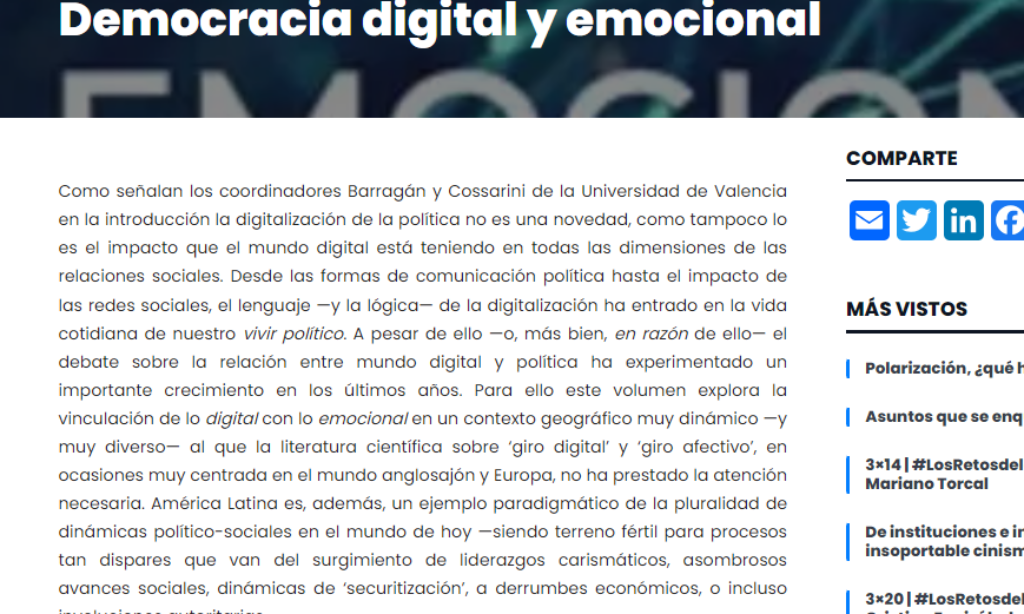 El libro de la quincena. Democracia digital y emocional – por Manuel Alcántara Sáez (Fecha: 29 de julio de 2024)