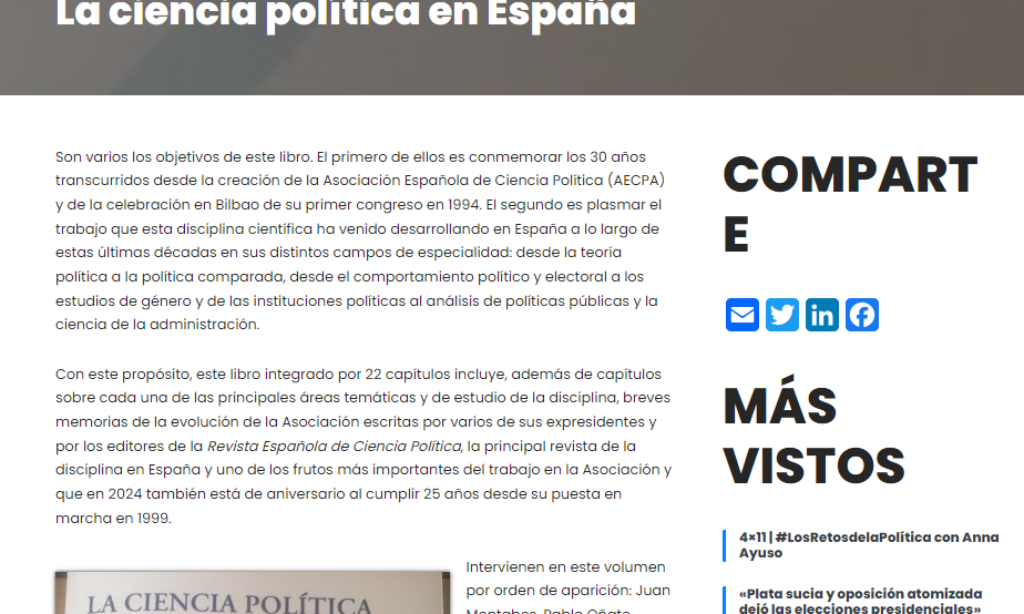 El libro de la quincena. La ciencia política en España – por Manuel Alcántara Sáez (Fecha: 12 de agosto de 2024)