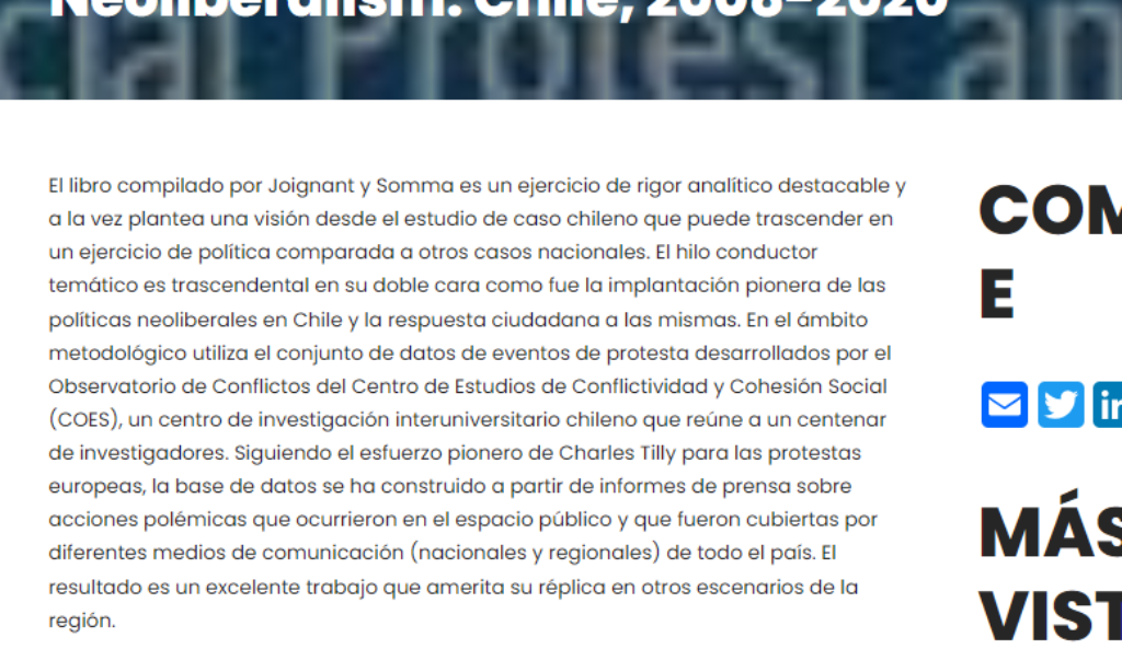 El libro de la quincena. Social Protest and Conflict in Radical Neoliberalism. Chile, 2008-2020 – por Manuel Alcántara Sáez (Fecha: 23 de septiembre de 2024)