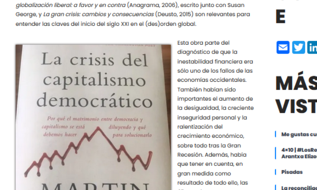 Recomendación de El Libro de la Quincena: «La crisis del capitalismo democrático» – por Manuel Alcántara Sáez (16 de diciembre de 2024)
