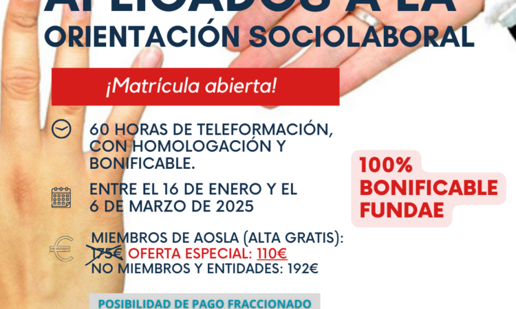 Escuela de AOSLA-Gizalan. Teleformación. «Recursos del Coaching Aplicados a la Orientación Sociolaboral». Descuento del 9% para colegiadas/os de Copyscyl.  (Fechas: Del jueves, 16 de enero de 2025, al jueves, 6 de marzo de 2025. Plazo de incorporación ampliado hasta el 23 de enero)