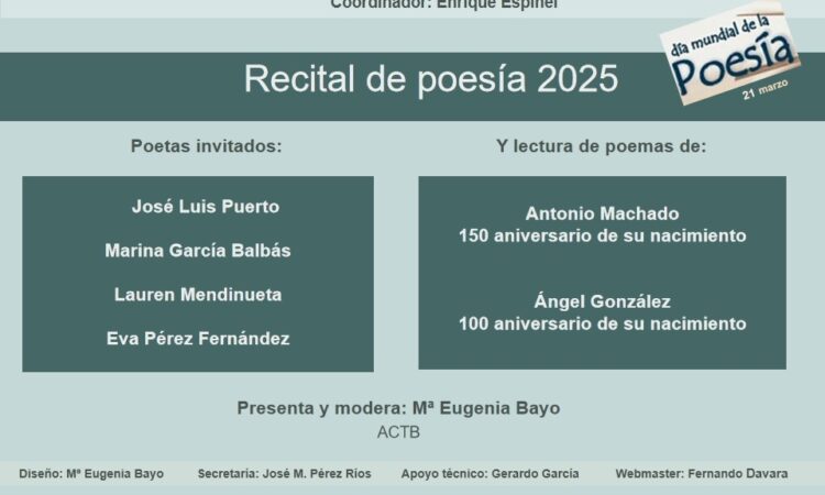 «Tertulia en Barbecho», encuentro semanal coordinado por Enrique Espinel: «Recital de poesía 2025» (Fecha: jueves, 20 de marzo de 2025, a las 19:30)