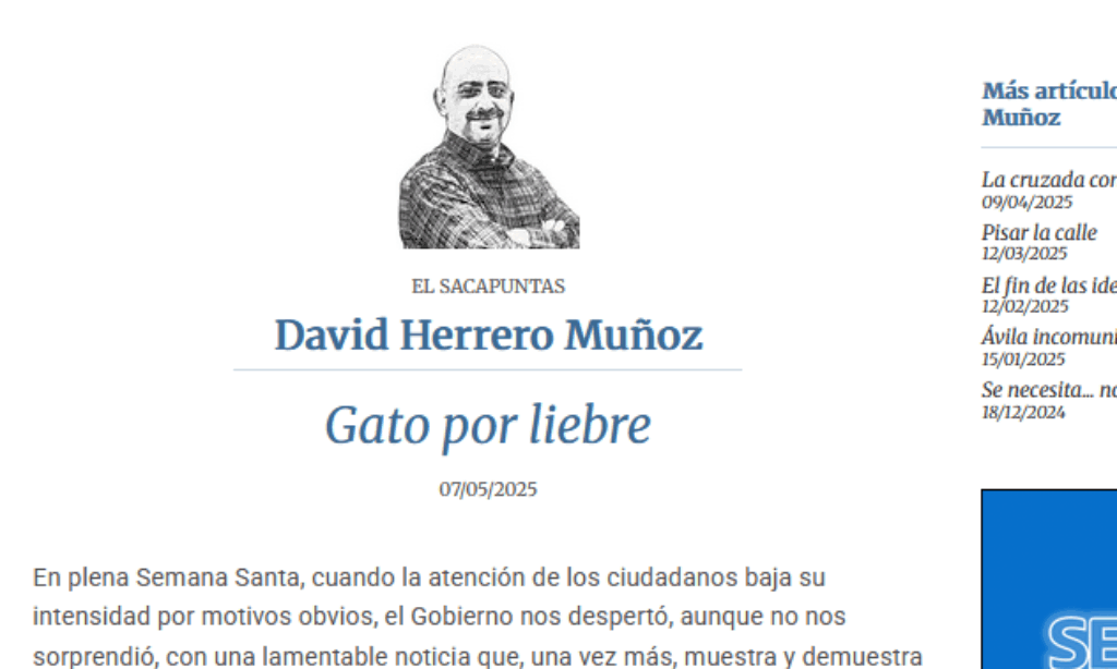 Artículo: “Gato por liebre”, escrito por David Herrero Muñoz, colegiado y representante en Ávila y Segovia, publicado en el Diario de Ávila el pasado 7 de mayo de 2025
