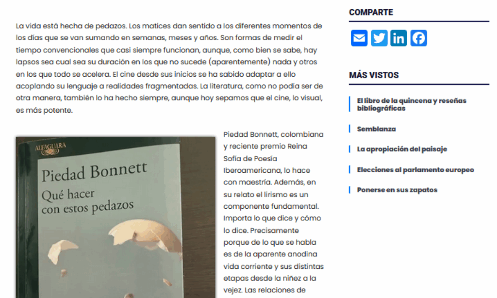 Recomendación de El Libro de la Quincena: «Qué hacer con esos pedazos de Piedad Bonnett» – por Manuel Alcántara Sáez (19 de mayo de 2025)