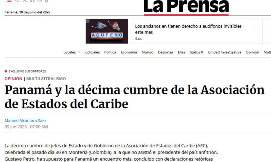 Artículo: «Panamá y la décima cumbre de la Asociación de Estados del Caribe». Por Manuel Alcántara, publicado en La Prensa el día 9 de junio de 2025