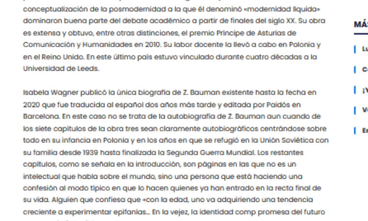 Recomendación de El Libro de la Quincena: «Zygmunt Bauman: Mi vida en fragmentos» – por Manuel Alcántara Sáez (16 de junio de 2025)